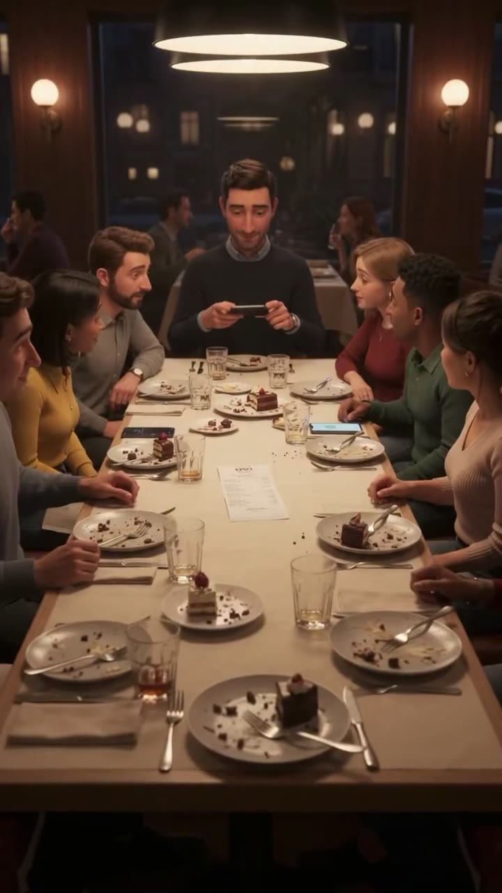 Still from the Tabby film: a host at the head of a finished dinner table, holding his phone up to scan the receipt while his friends watch